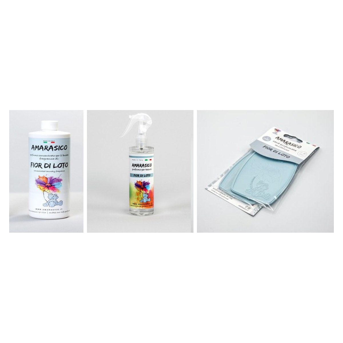AMARASICO Lotusbloem (Fior di Loto): wasparfum 500 ml, textielspray 250 ml en geurkaartverpakking