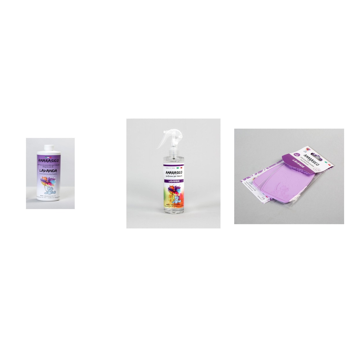 Productoverzicht AMARASICO Lavendel (Lavanda): wasparfum 500 ml, textielspray 250 ml en verpakking met 2 geurkaarten