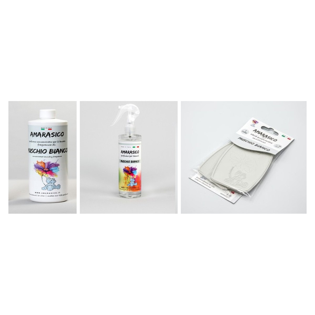 AMARASICO Witte Muskus (Muschio Bianco): wasparfum 500 ml, textielspray 250 ml en geurkaartverpakking