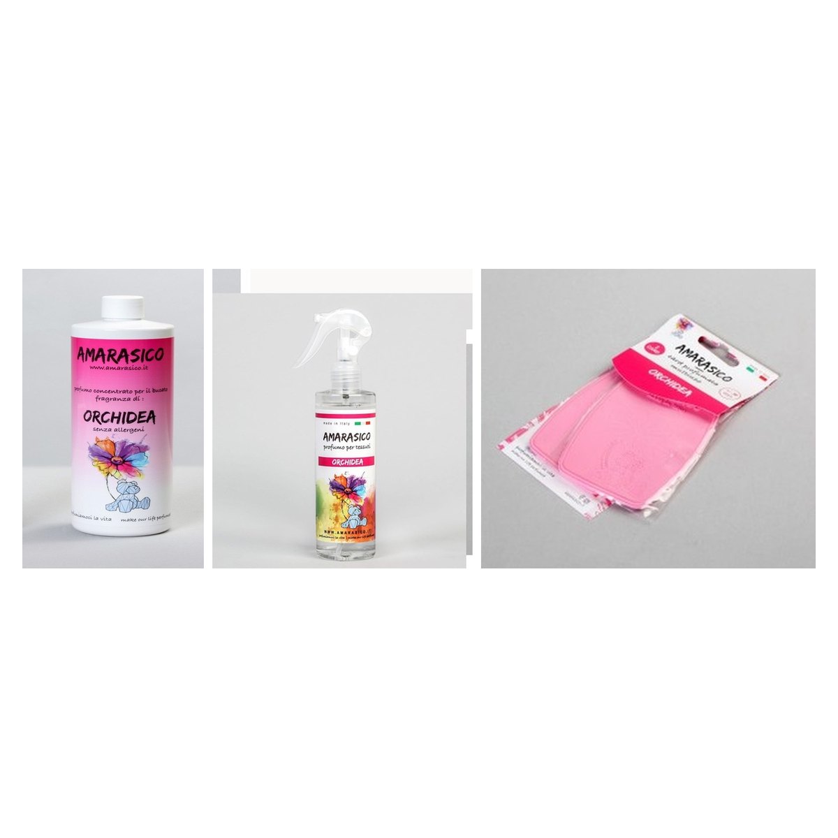 AMARASICO Orchidee (Orchidea): wasparfum 500 ml, textielspray 250 ml en geurkaartverpakking
