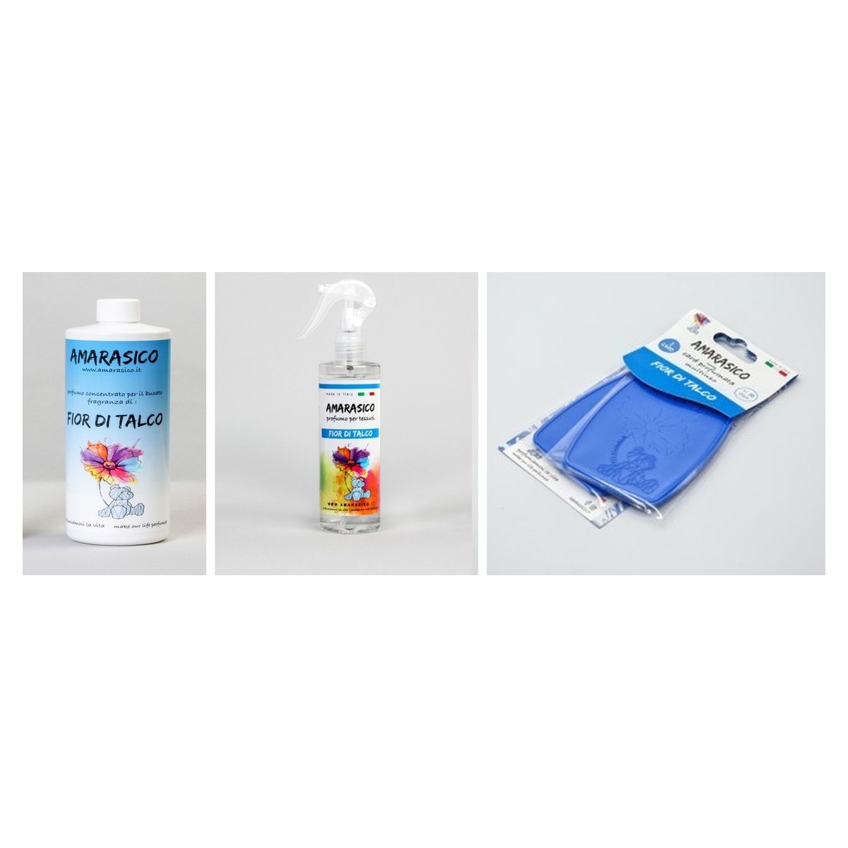 AMARASICO Talkbloem (Fior di Talco): wasparfum 500 ml, textielspray 250 ml en geurkaartverpakking